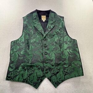 Wah Maker Vest Mens XL Green Dragon Brocade Western Waistcoat Belted USA
